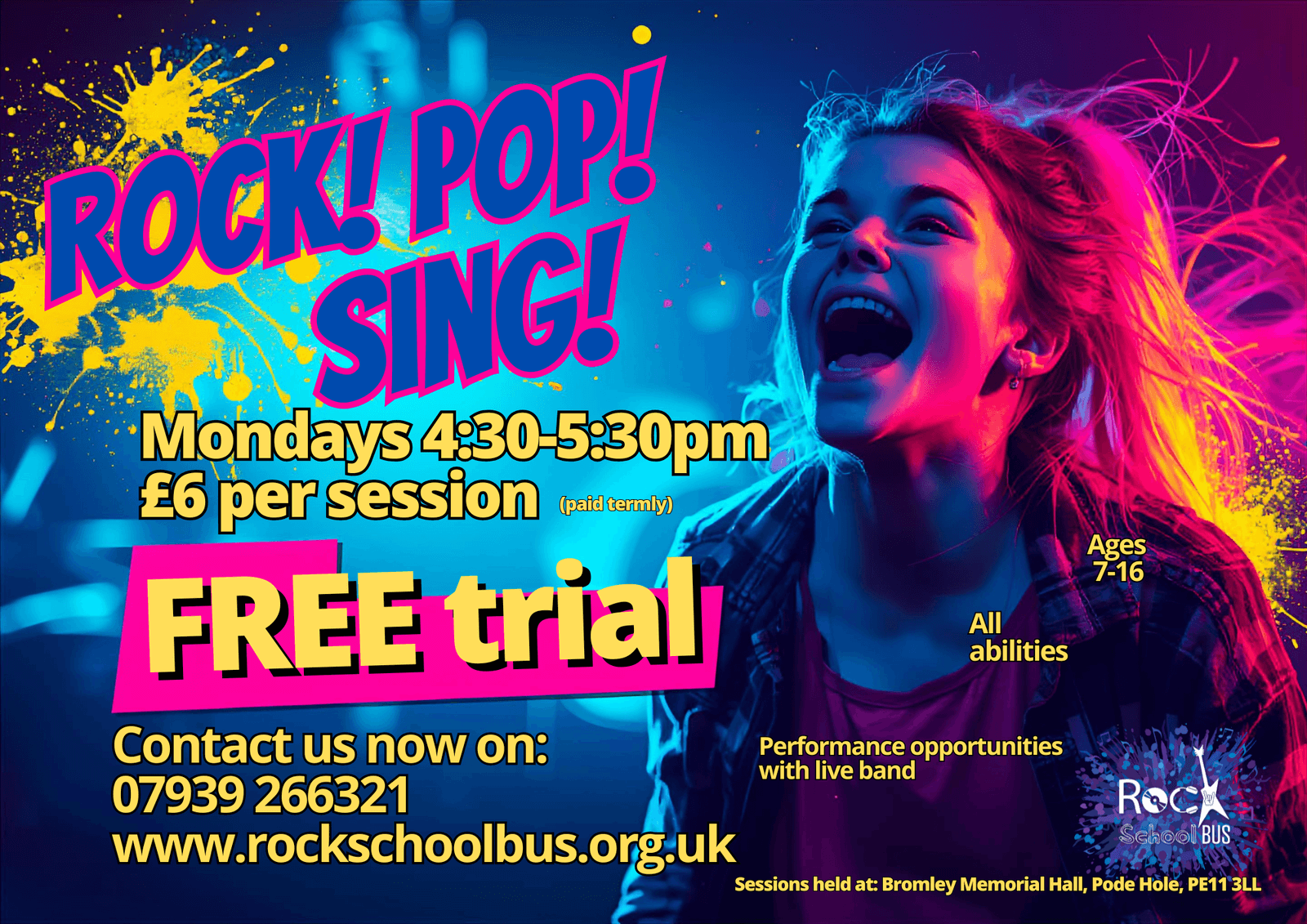 Rock School Bus presents Rock! Pop! Sing! flyer.